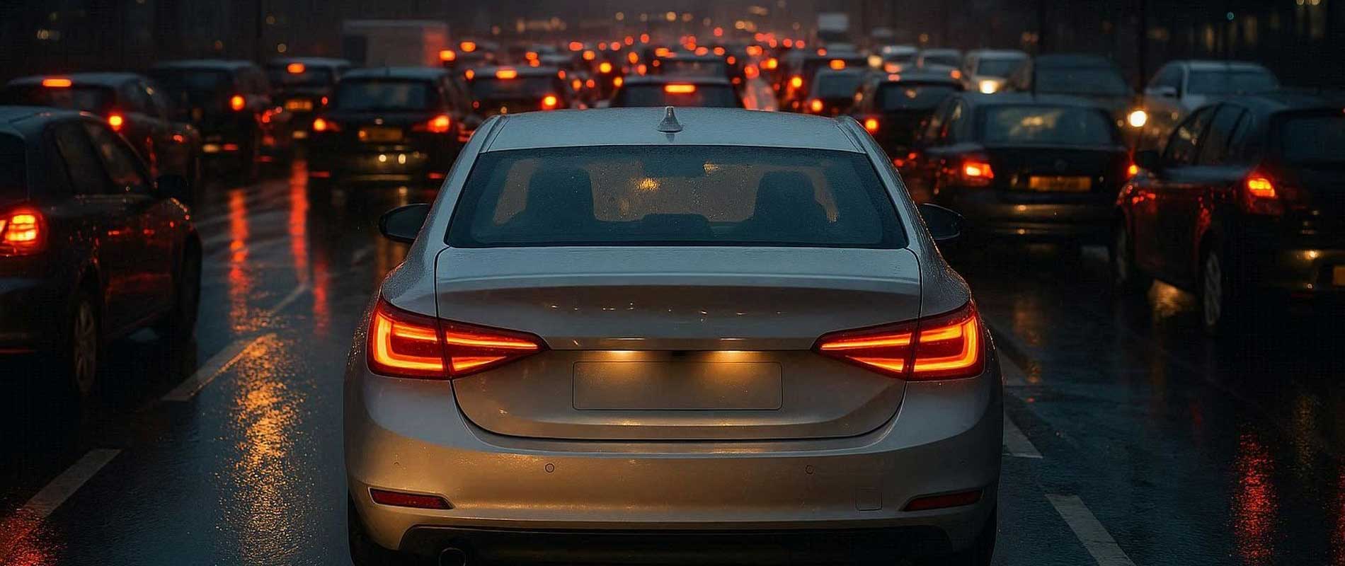 A silver car turning into a side street in birmingham