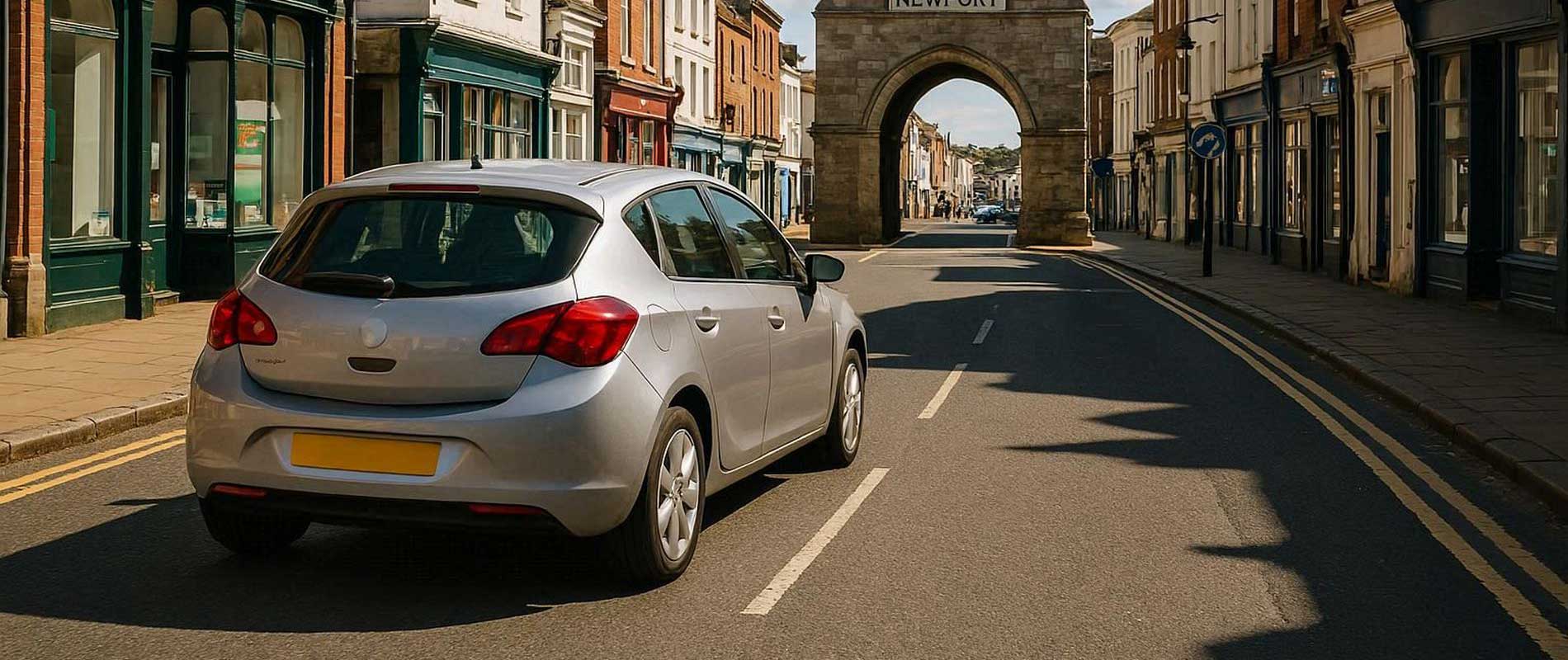 A hybrid car driving through a quiet part of newport 